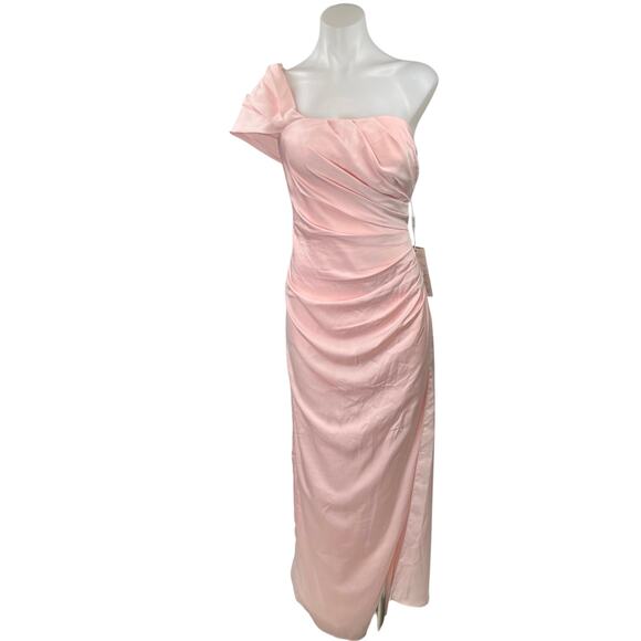 NEW Stacees Pink One Shoulder Drapey Square Neck Maxi Wedding Dress Size 6 - Picture 1 of 4